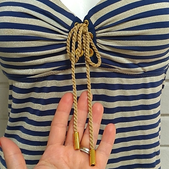 Jessica Simpson Blue/Gold Striped Tie Tankini Swim Top. Size Medium - Picture 4 of 12